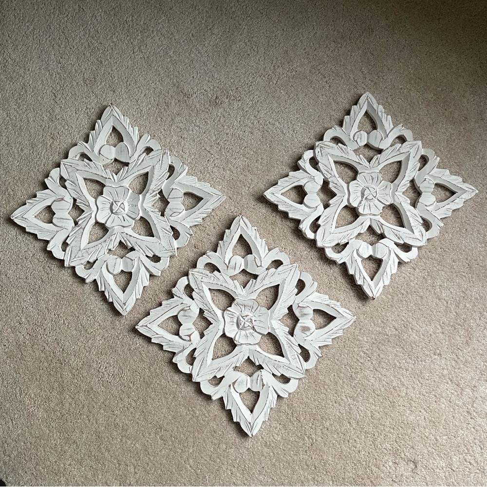 Set of 3 White Carved Wood Wall Decor Panels | Boho Coastal Farmhouse